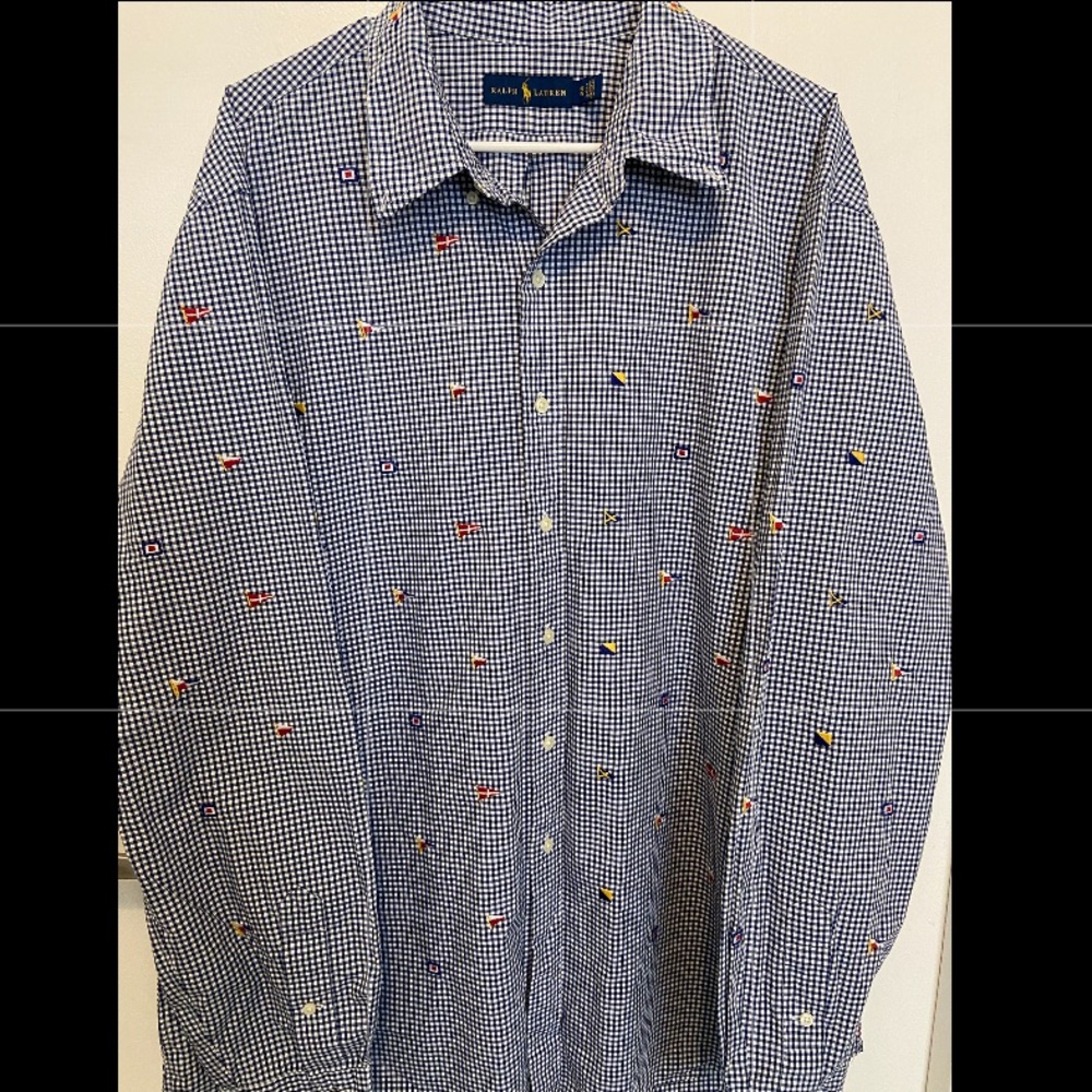 Ralph Lauren Polo Mens Blue & White Gingham Nautical Flags Shirt size XXL